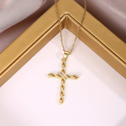 Collar de Cruz con Giro de Cristales | Oro
