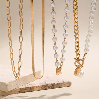 Set de Collar de Cadena de Serpiente Vintage con Perlas y Oro | Oro
