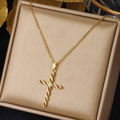 Collar de Cruz con Giro de Cristales | Oro