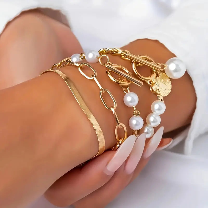 Set de Pulseras Chic de Oro de 4 Piezas - Serpiente, Perlas y Eslabones | Oro