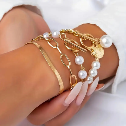 Set de Pulseras Chic de Oro de 4 Piezas - Serpiente, Perlas y Eslabones | Oro