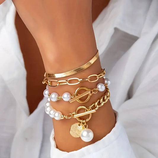 Set de Pulseras Chic de Oro de 4 Piezas - Serpiente, Perlas y Eslabones | Oro