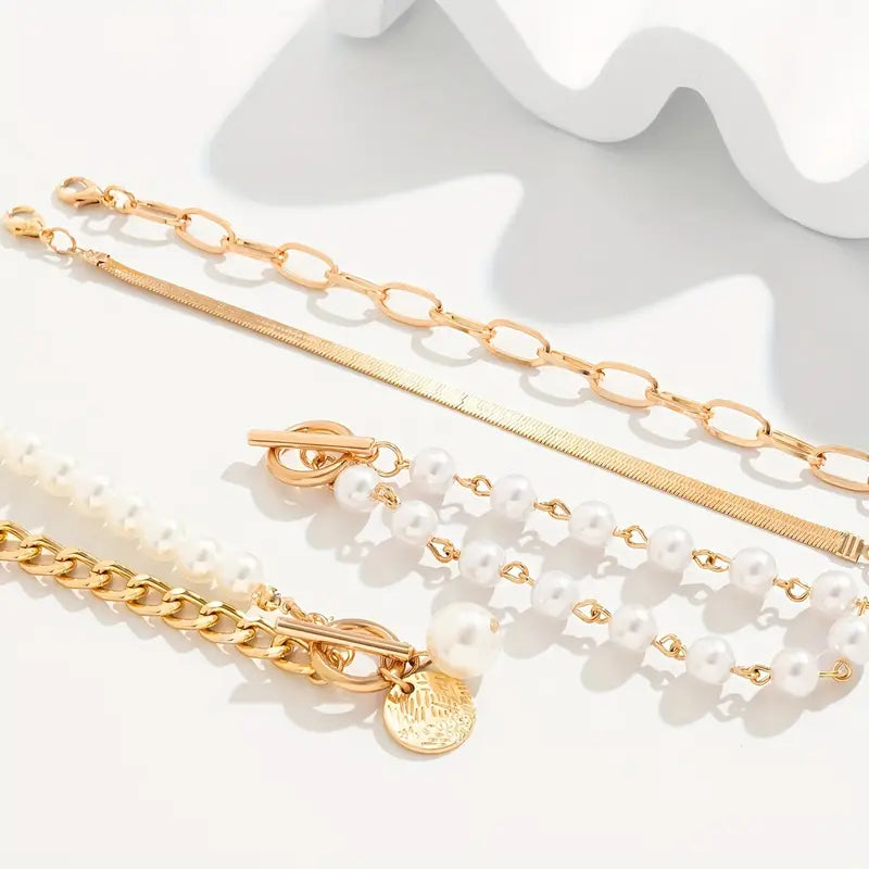 Set de Pulseras Chic de Oro de 4 Piezas - Serpiente, Perlas y Eslabones | Oro