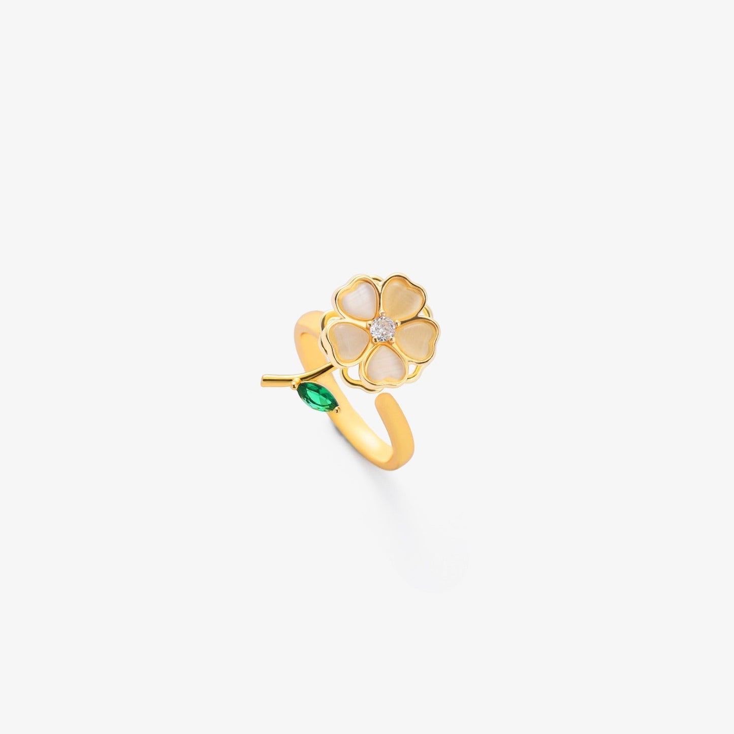 Anillo Giratorio Hoja Esmeralda Flor | Oro
