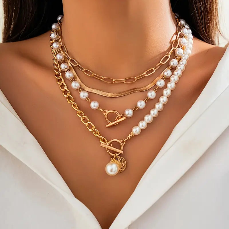 Set de Collar de Cadena de Serpiente Vintage con Perlas y Oro | Oro