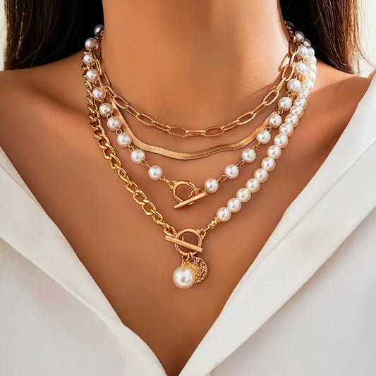 Set de Collar de Cadena de Serpiente Vintage con Perlas y Oro | Oro