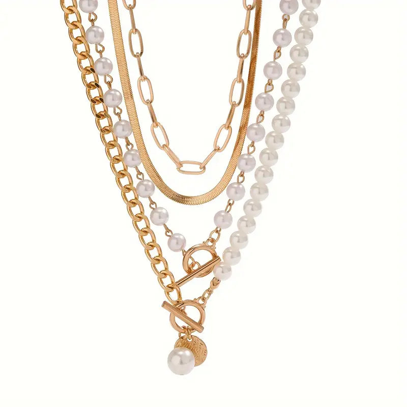 Set de Collar de Cadena de Serpiente Vintage con Perlas y Oro | Oro