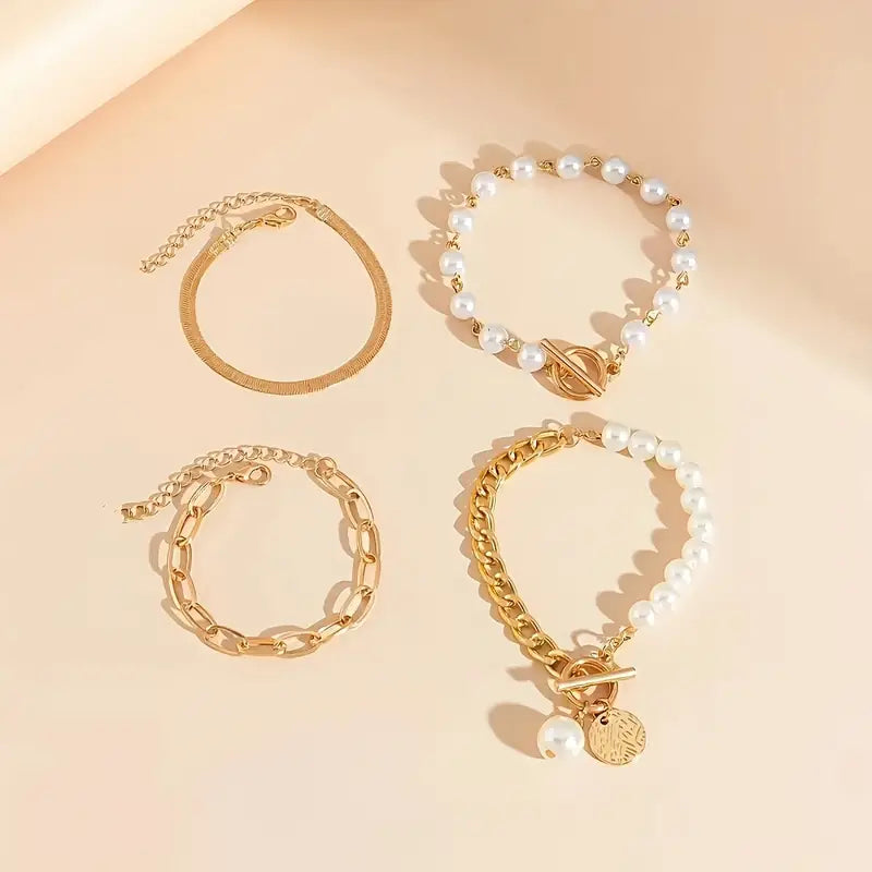 Set de Pulseras Chic de Oro de 4 Piezas - Serpiente, Perlas y Eslabones | Oro