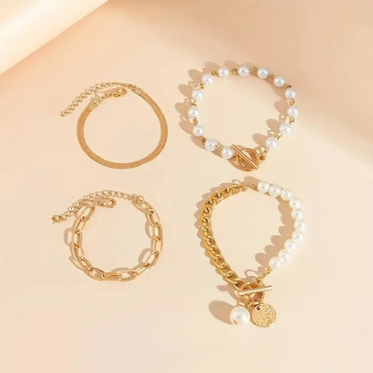 Set de Pulseras Chic de Oro de 4 Piezas - Serpiente, Perlas y Eslabones | Oro