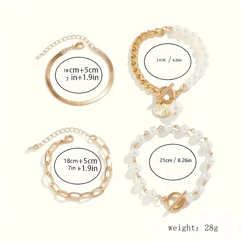Set de Pulseras Chic de Oro de 4 Piezas - Serpiente, Perlas y Eslabones | Oro